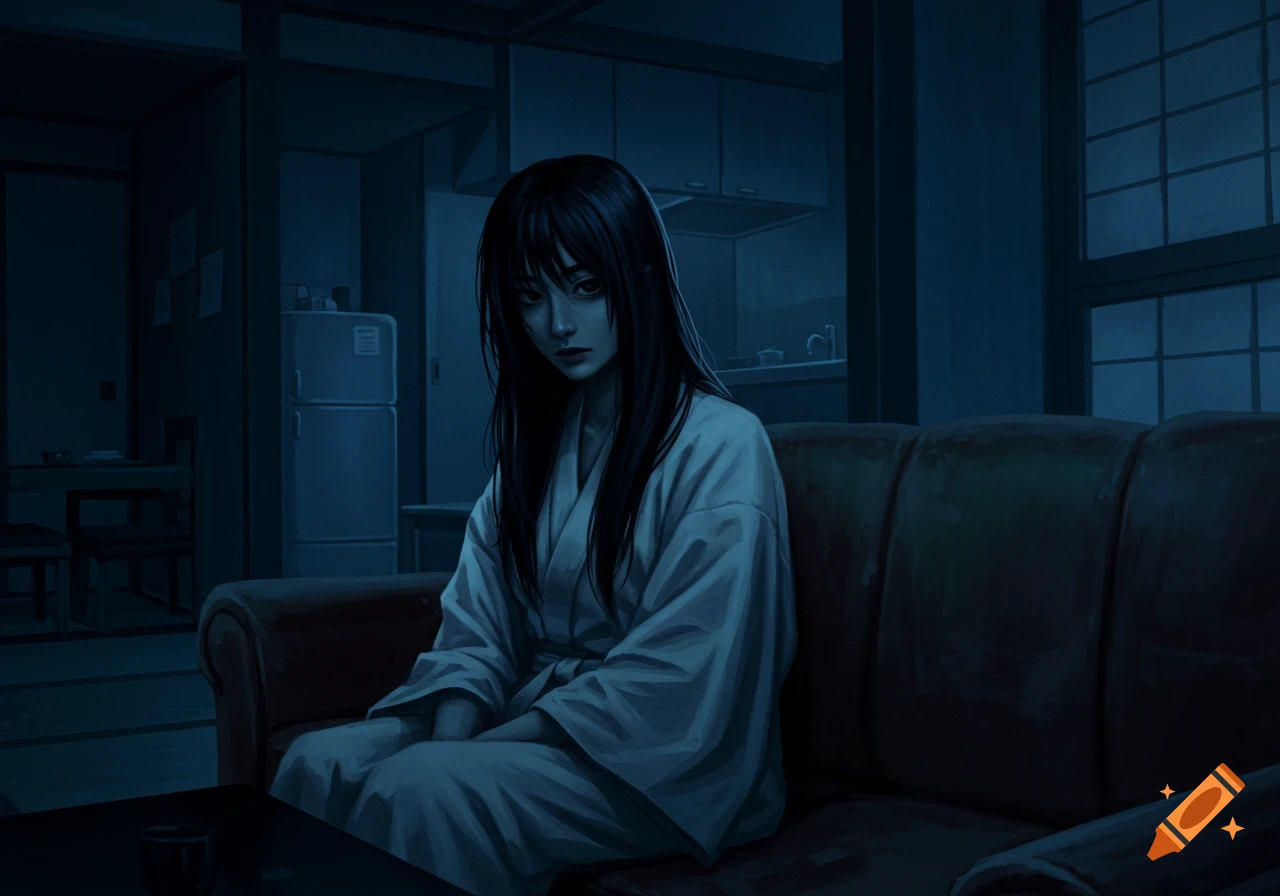 A sad, long-haired woman in a white robe sits on a couch in a dark blue, anime-style apartment living room, looking at the viewer.