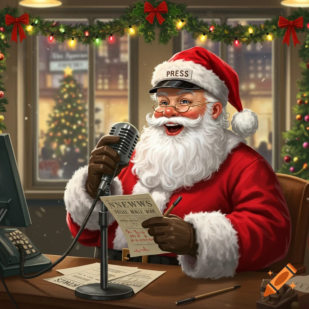 Santa Claus, wearing a 'PRESS' hat and red suit, smiles while holding a vintage microphone and reading notes at a desk in a festive, decorated room with a Christmas tree visible through the window.
