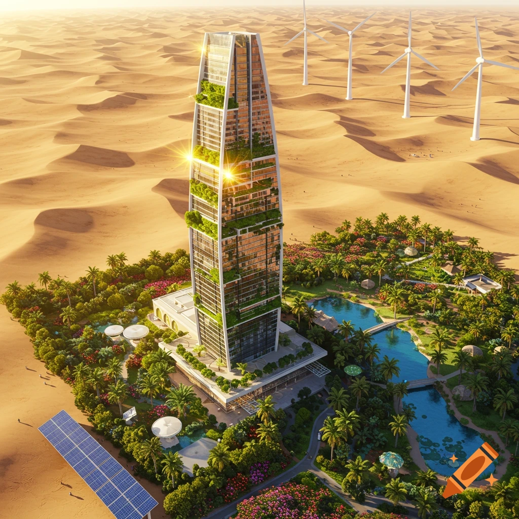 A futuristic, green skyscraper stands in a lush desert oasis with lakes, palm trees, solar panels, and wind turbines under a sunny sky.