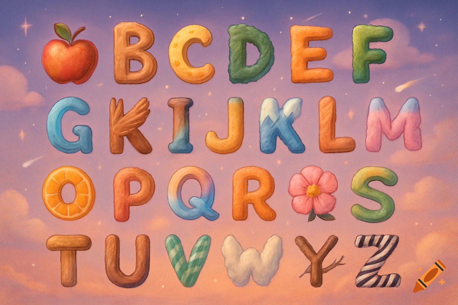 Colorful, textured alphabet letters (A-Z) arranged against a whimsical purple and orange sunset sky with stars.