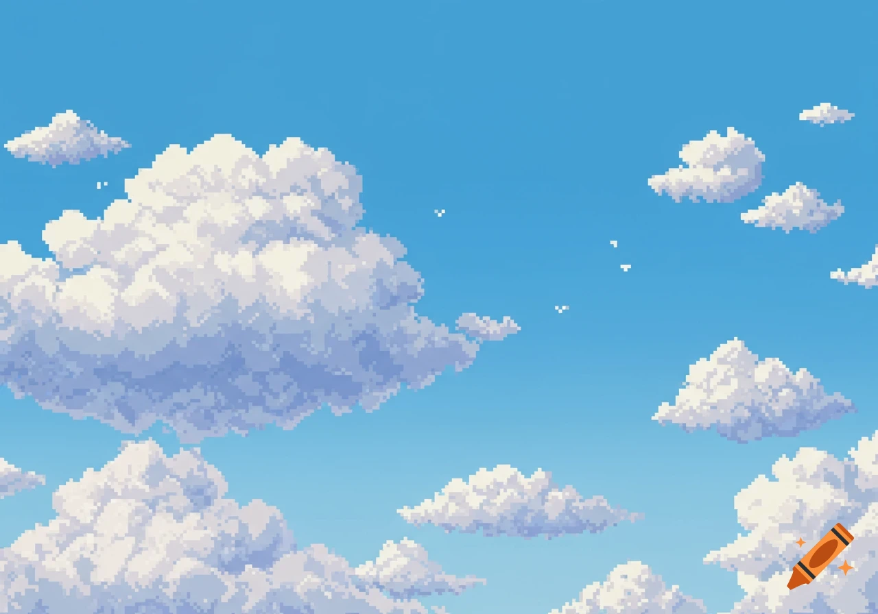 Pixel art depiction of a bright blue sky filled with numerous fluffy white clouds.