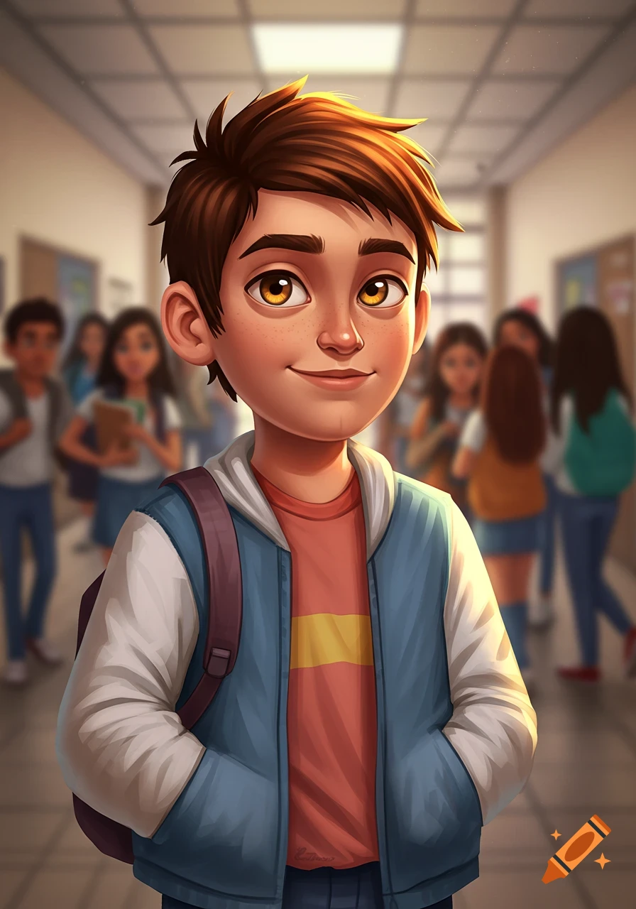 Cartoon illustration of a smiling boy with a backpack in a school hallway.