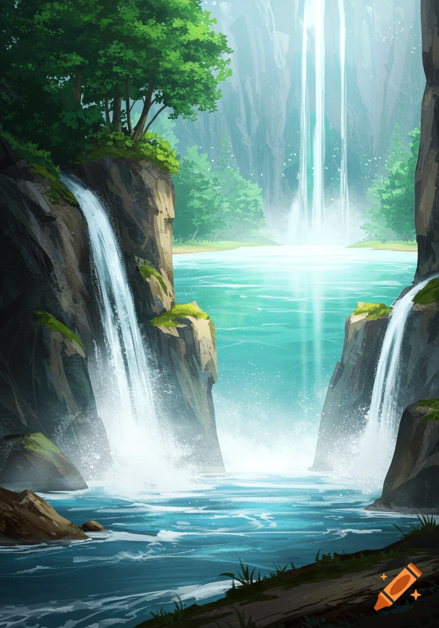 Lush landscape with multiple waterfalls cascading into a turquoise pool surrounded by rocky cliffs and green trees, in an illustrative style.