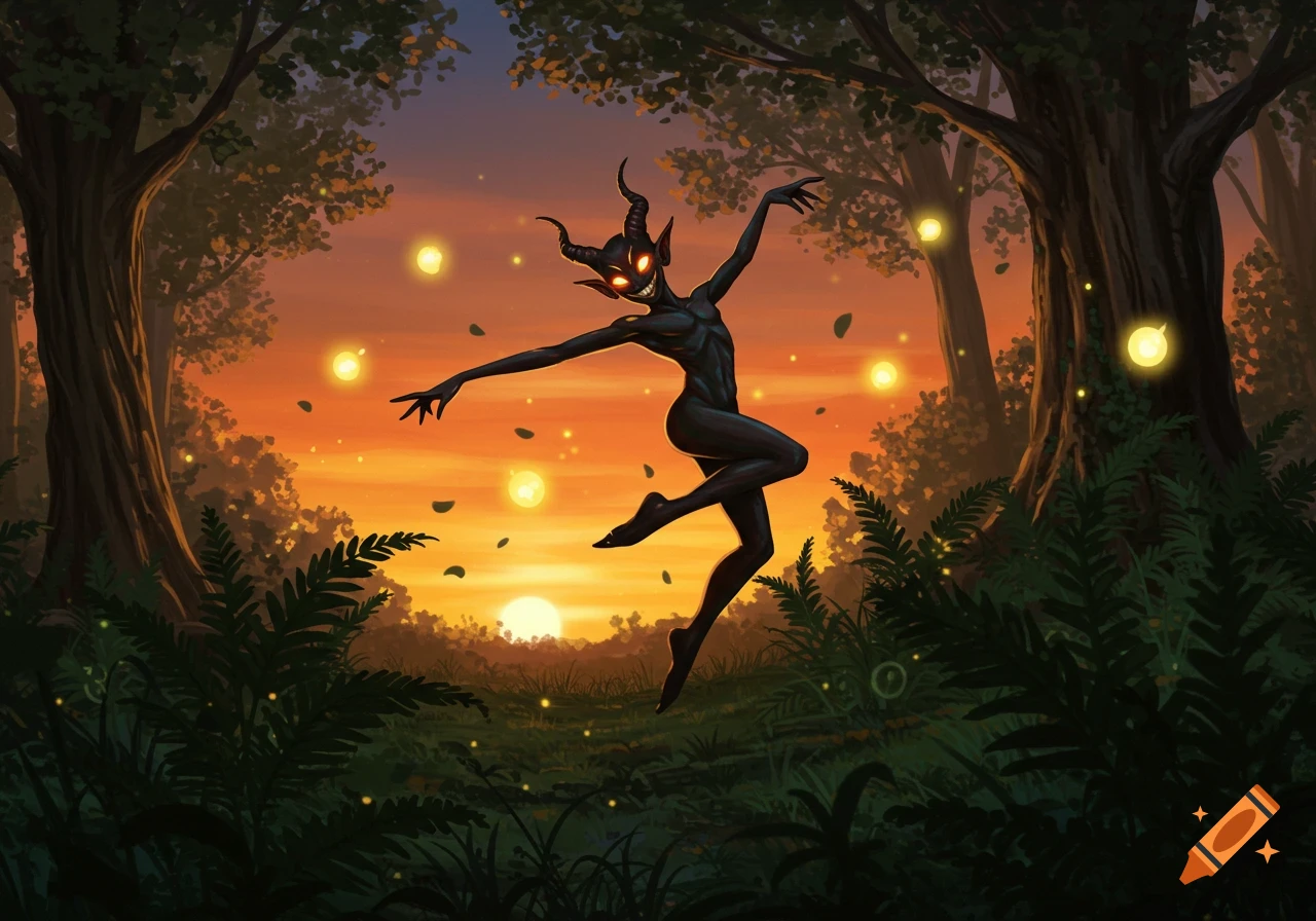 A dark, horned imp with glowing eyes dances in a forest at sunset, surrounded by fireflies. Illustrated.