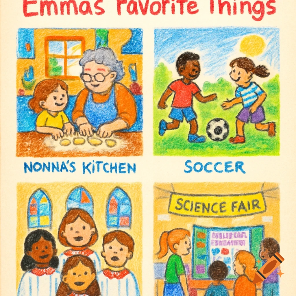 Four crayon-drawn vignettes showing "Emma's Favorite Things": Nonna and child baking, kids playing soccer, a children's choir, and a science fair.