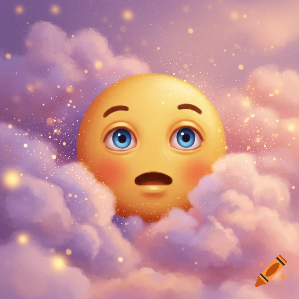 A worried or surprised emoji with wide blue eyes and rosy cheeks emerges from pink and purple clouds, surrounded by golden sparkles.