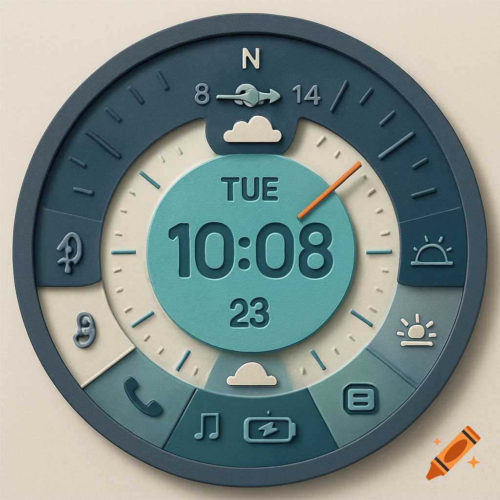 A round digital watch face in material design style, showing time 10:08, day TUE, date 23, with weather, wind, and app icons.