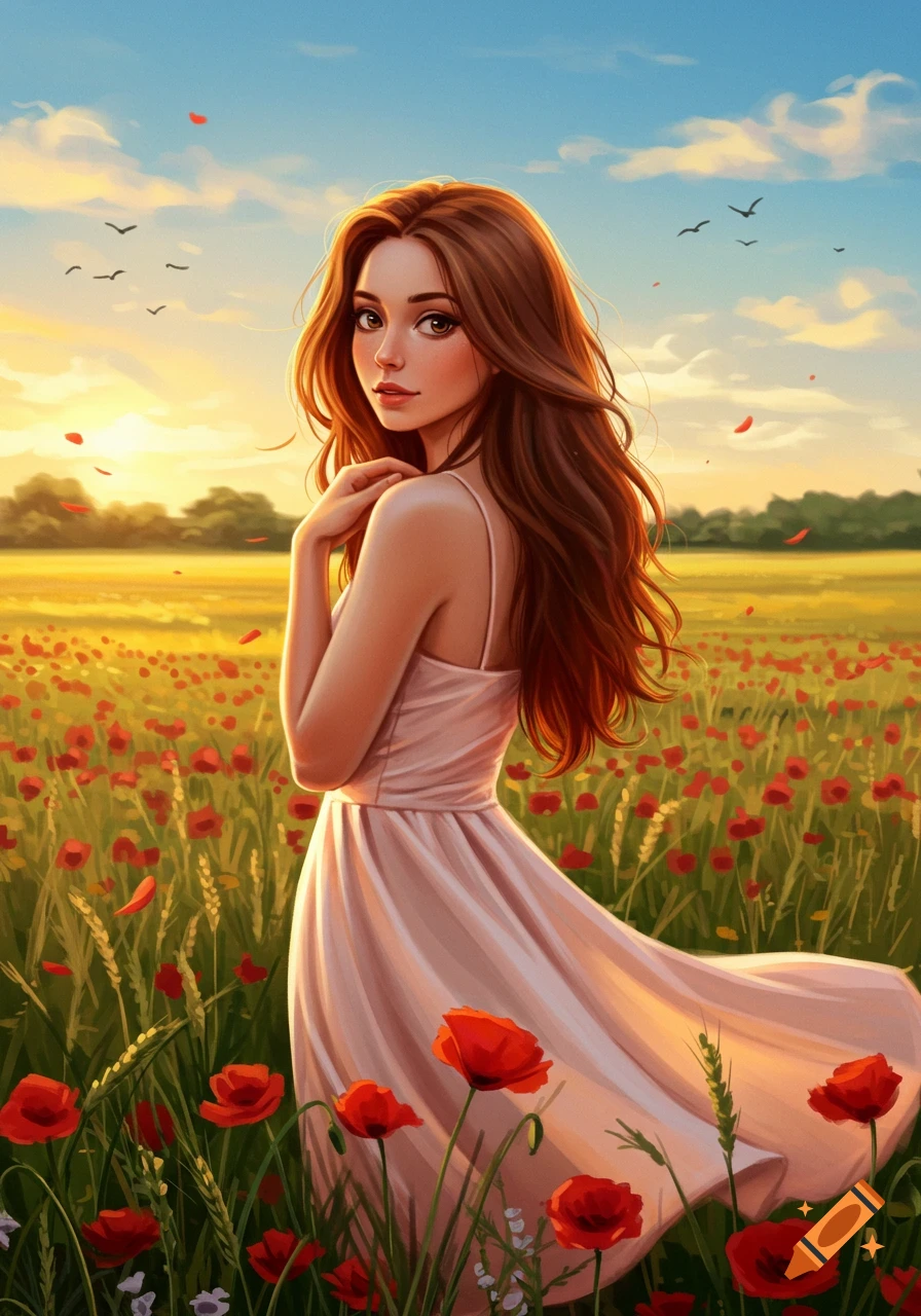 A digital painting of a woman with long brown hair in a pink dress standing in a field of red poppies at sunset.