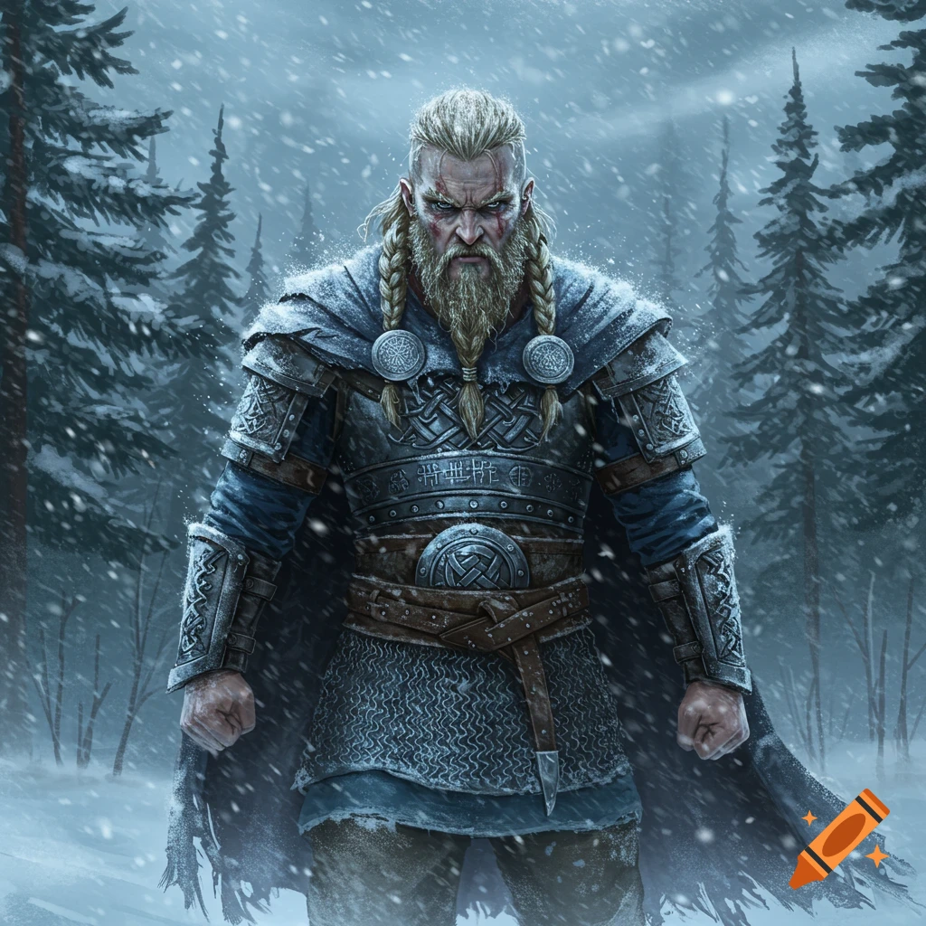 A fierce Viking warrior with a braided beard and armor stands in a snowy forest, in a realistic, illustrative style.