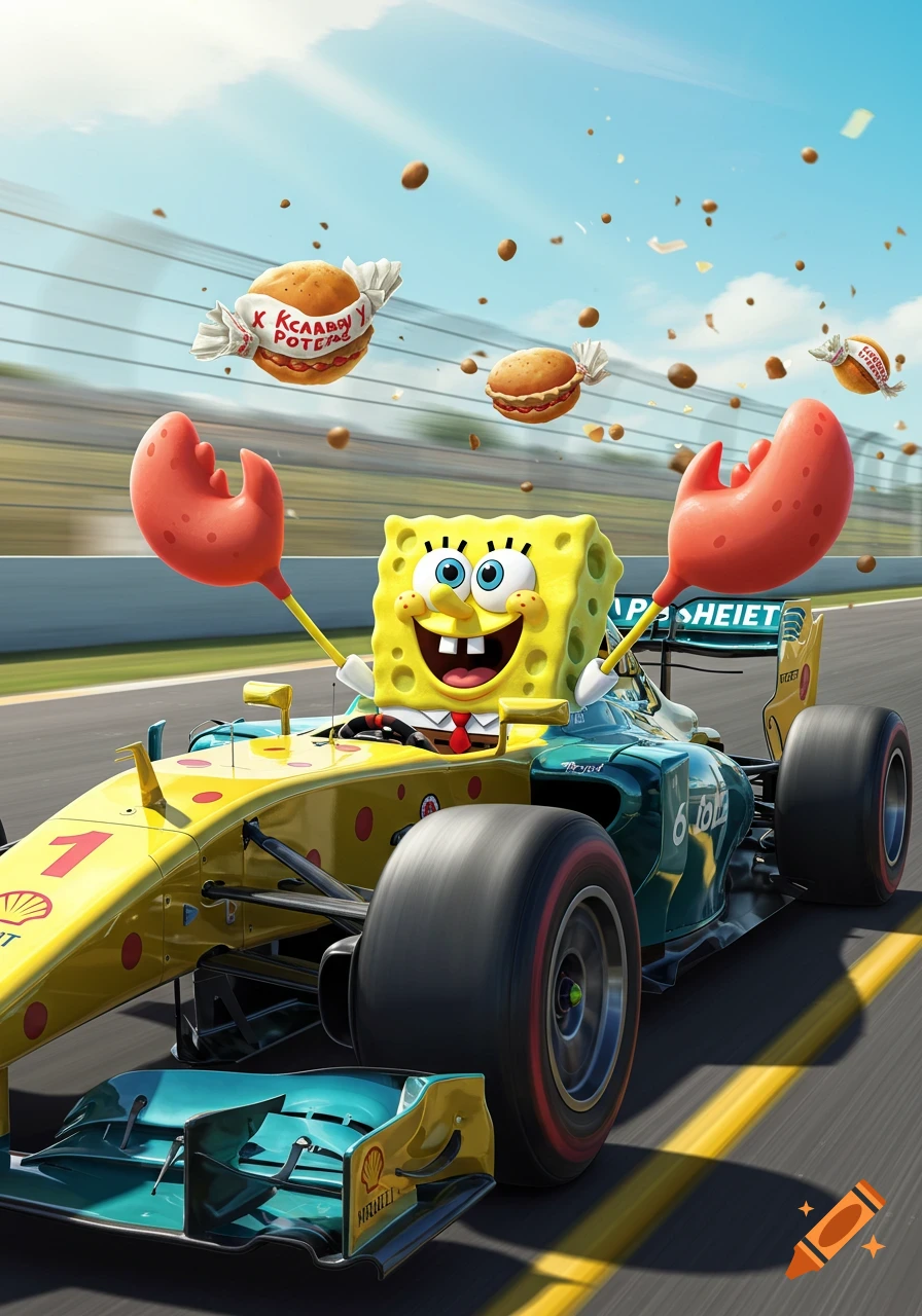Spongebob Squarepants with crab claws drives a yellow and green Formula 1 race car on a track, with Krabby Patties flying around him.