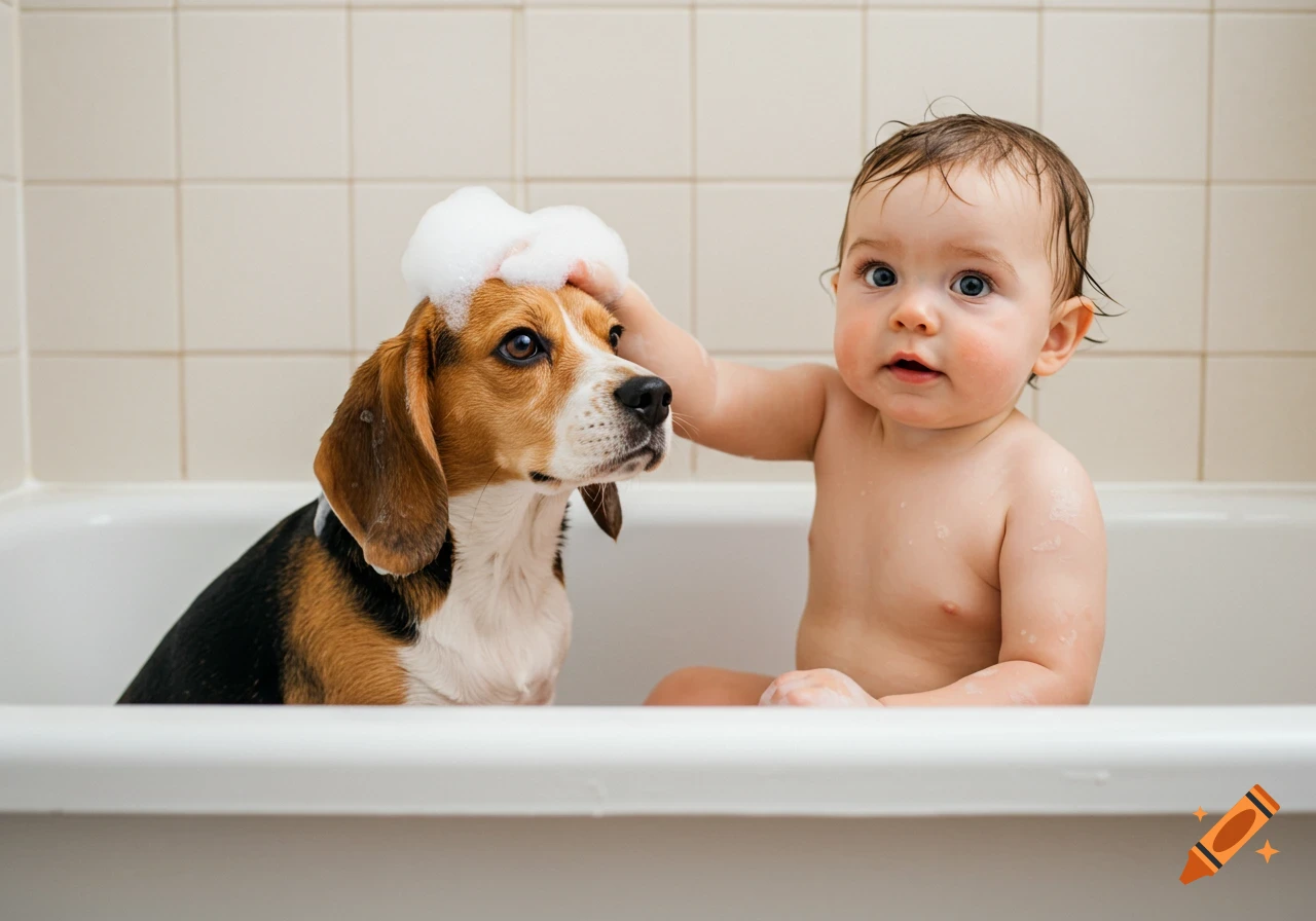 A baby and a Beagle dog are in a white bathtub, with the baby gently placing foam on the dog's head.