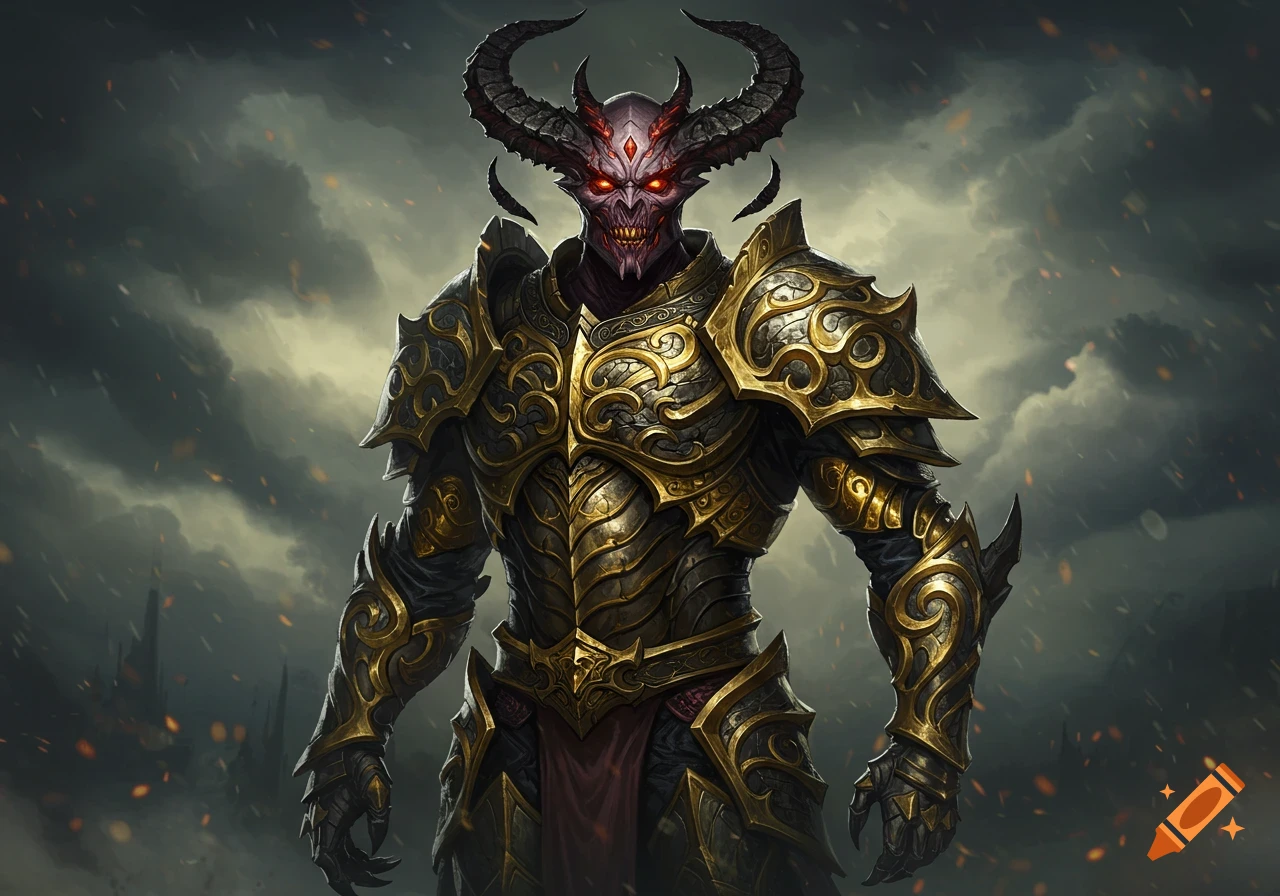 A fearsome demon lord in intricate gold and black armor with glowing red eyes and large horns, against a stormy sky with faint distant fires.