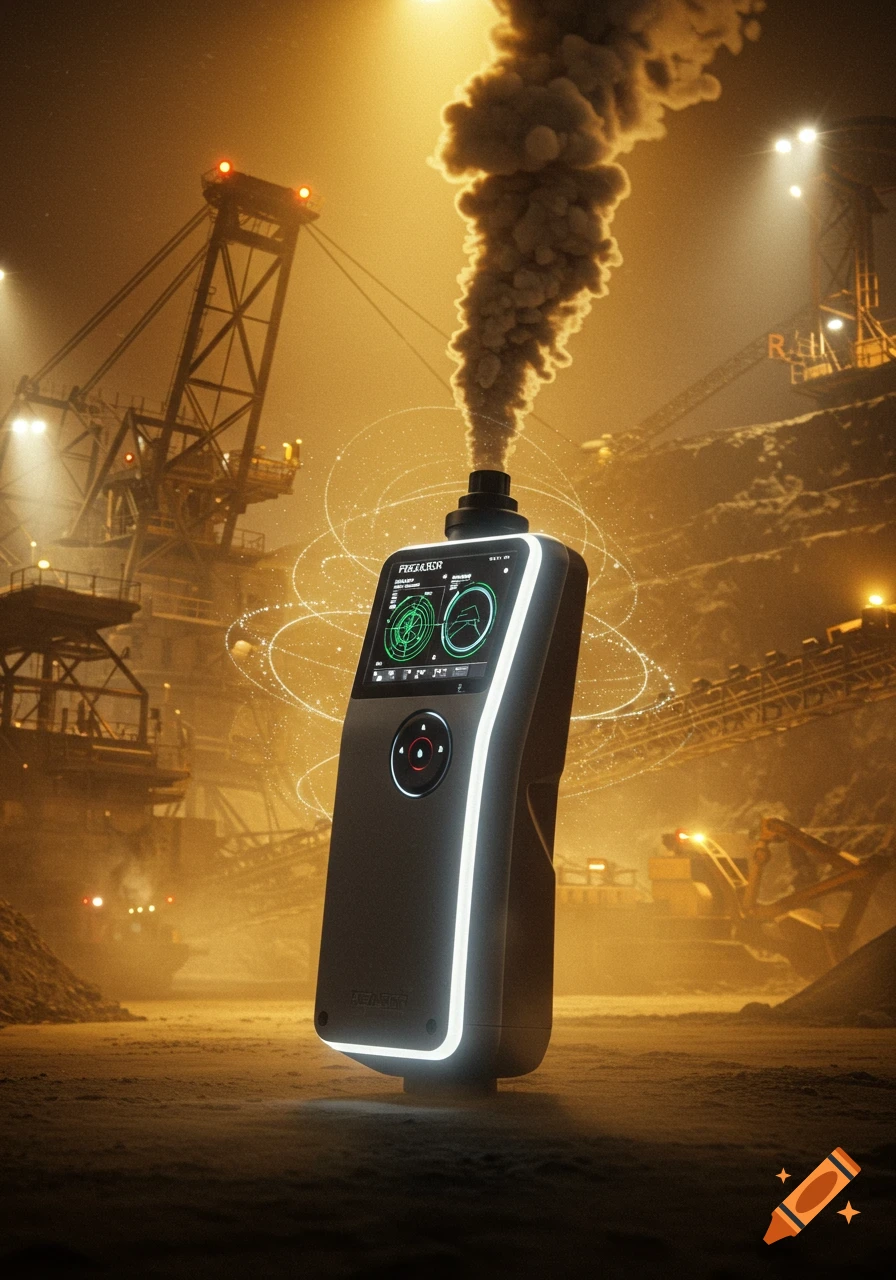 A futuristic "Pegasor" particle counter device emitting smoke, glowing against a dimly lit industrial mining site with large machinery in the background.