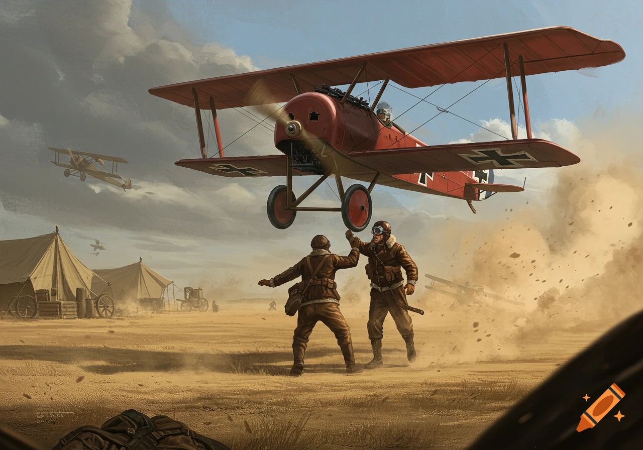 Two WWI pilots on a dusty airfield as a red Fokker triplane flies overhead, with tents and another plane in the background, illustrated.