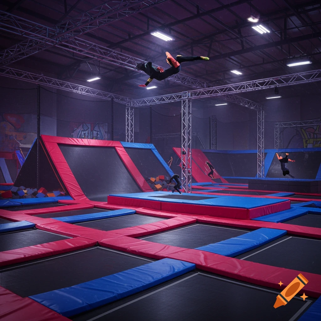 People jump and flip on various trampolines in a large, modern indoor trampoline park with red, blue, and black mats.