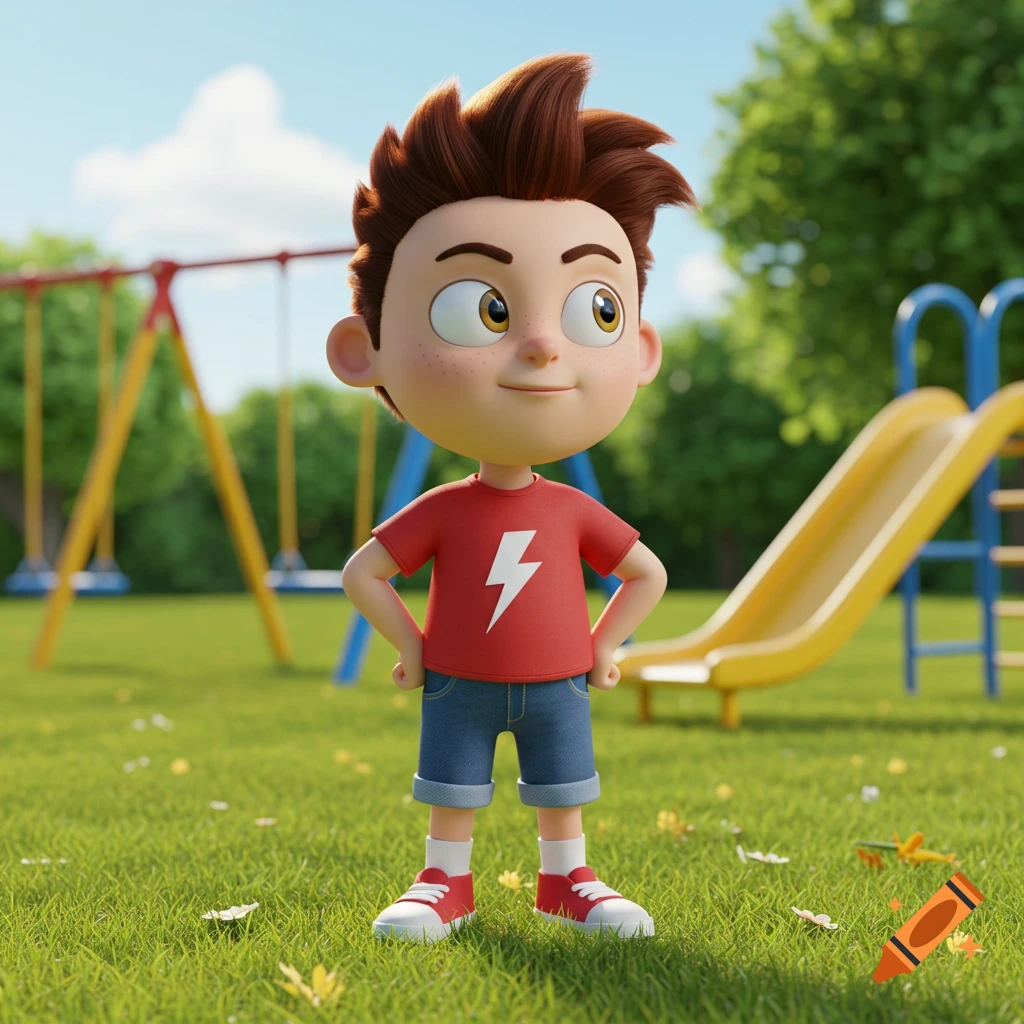 A 3D cartoon boy with a red shirt featuring a white lightning bolt stands with hands on hips in a sunny playground.