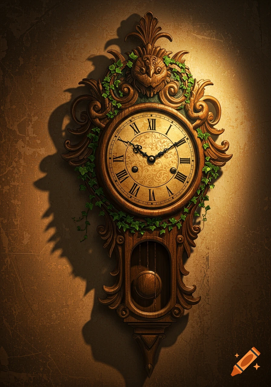 An ornate, antique wooden wall clock with Roman numerals and green ivy climbing on its carved frame, casting long shadows on a textured brown wall.