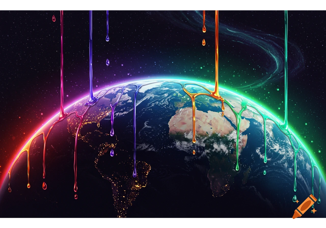 Colorful metallic liquid drips over a vibrant Earth in space, with stars and nebulae in the background, creating a glowing effect.