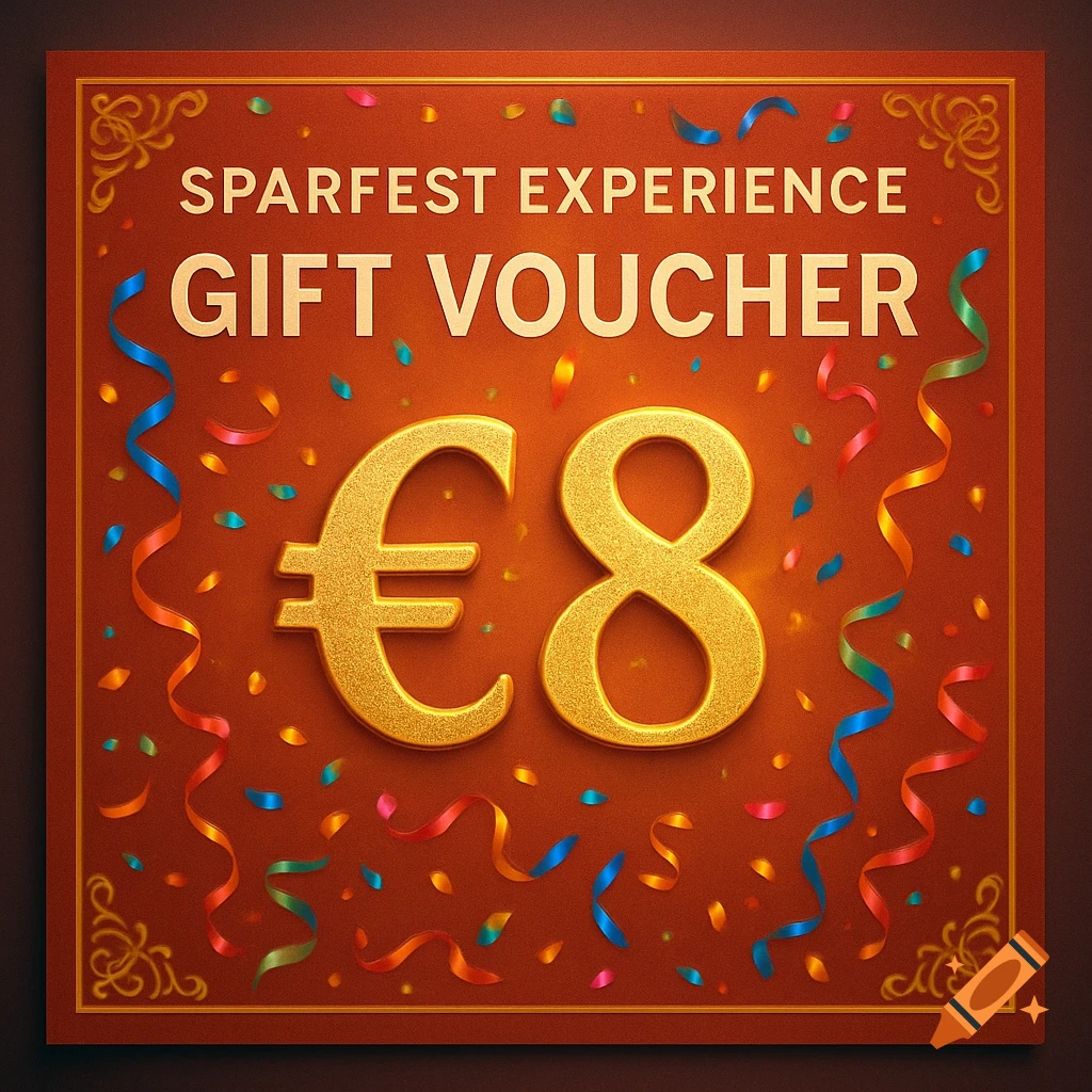 A golden and red gift voucher with 'SPARFEST EXPERIENCE GIFT VOUCHER' and '€8' in glittery gold text, surrounded by colorful confetti and ribbons.