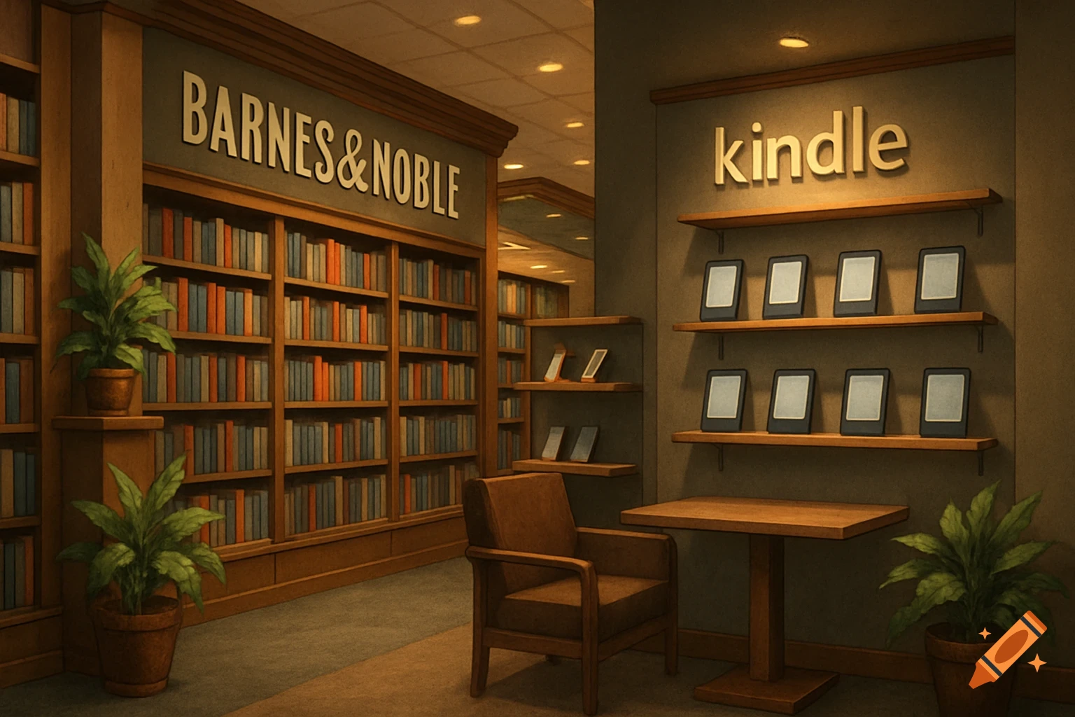An interior view of a Barnes & Noble bookstore with shelves of books and a dedicated Kindle display area.