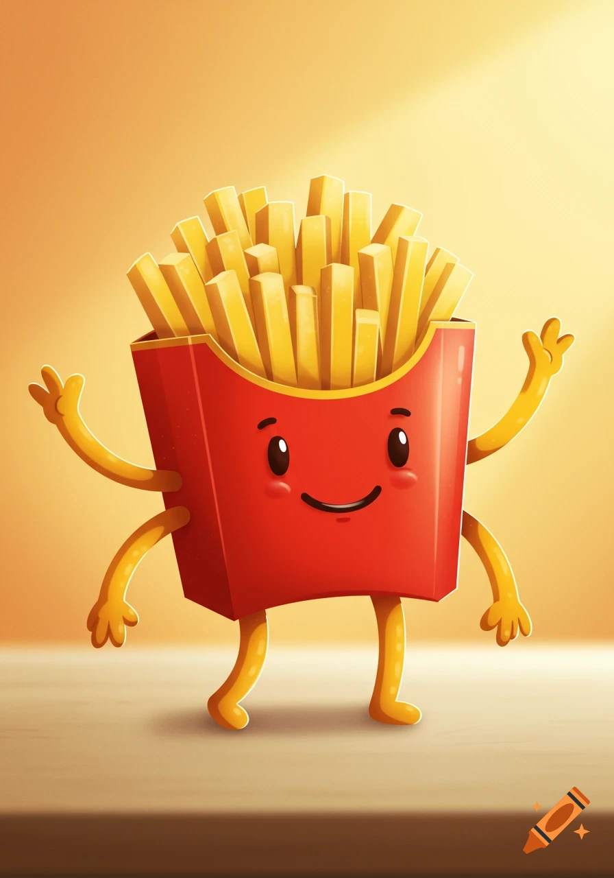 A happy cartoon red french fry box with yellow arms and legs, filled with golden fries, on a warm background.