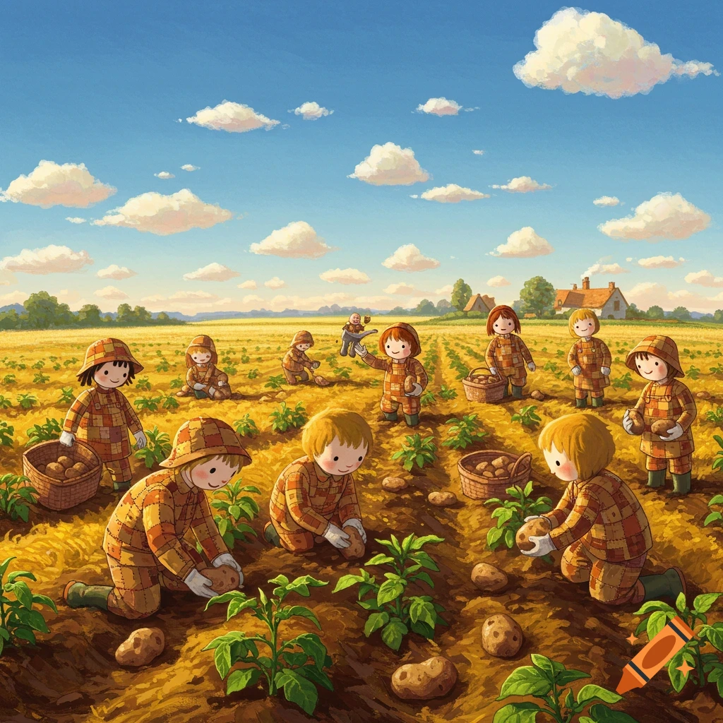 Cartoon children in plaid outfits harvest potatoes in a sunny field under a blue sky with fluffy clouds.