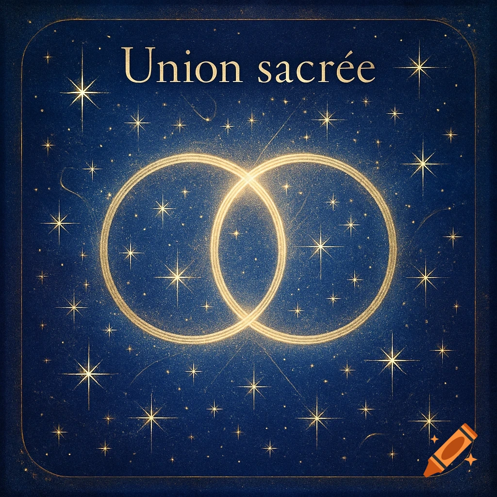 Two glowing golden rings intertwined on a starry deep blue background with the text "Union sacrée".
