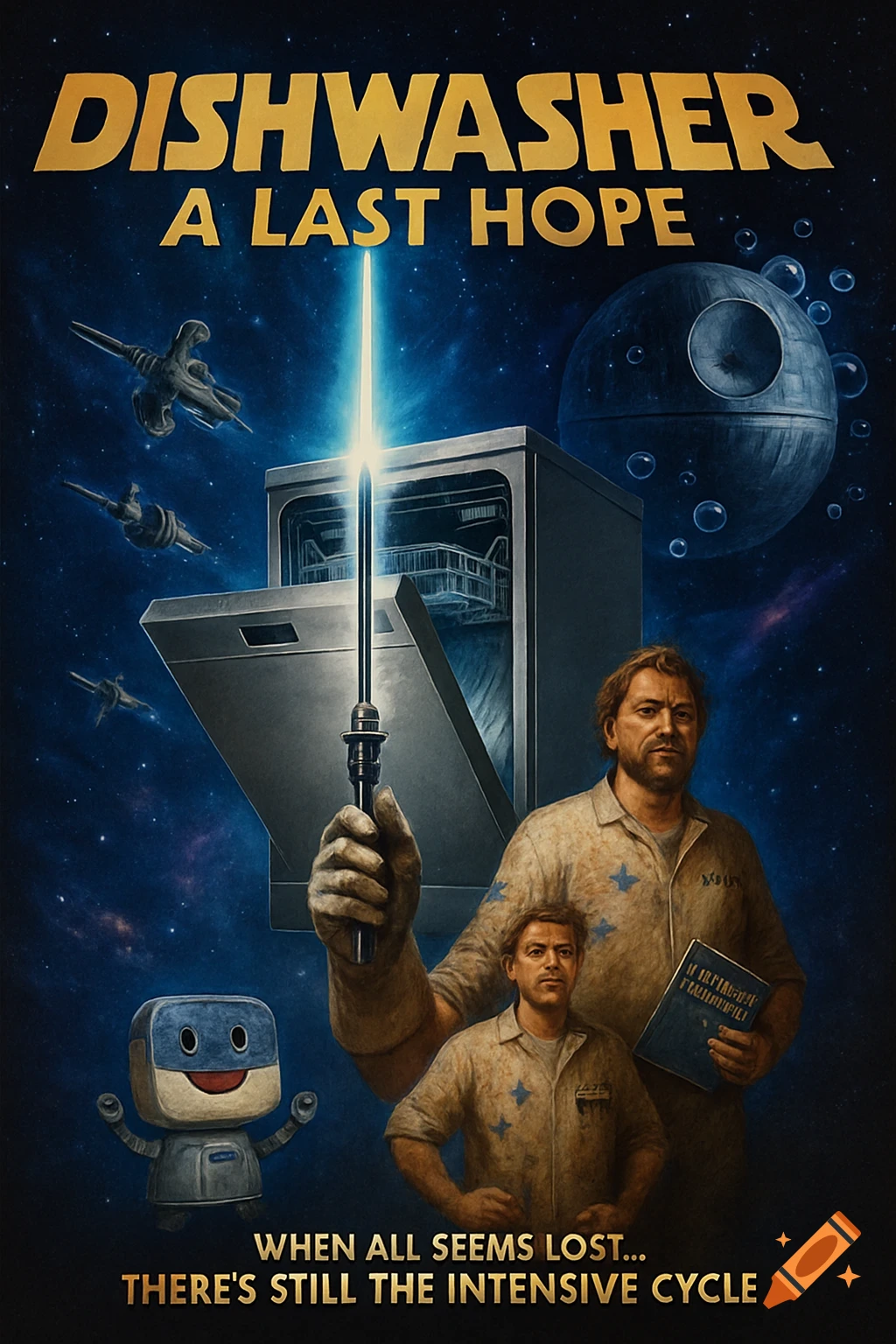 A Star Wars parody movie poster for "Dishwasher: A Last Hope", featuring a man holding a lightsaber-like temperature probe next to an open dishwasher in space, with a Death Star-like washing machine drum and a smiling detergent tablet robot. Text reads "When all seems lost... There's still the intensive cycle."