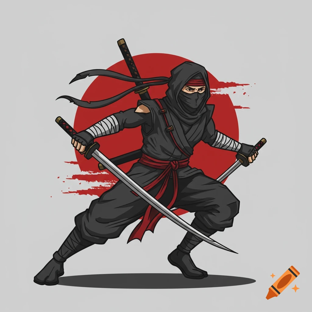 A stylized illustration of a ninja in a black and red uniform, wielding two katanas in a dynamic pose against a red sun background.