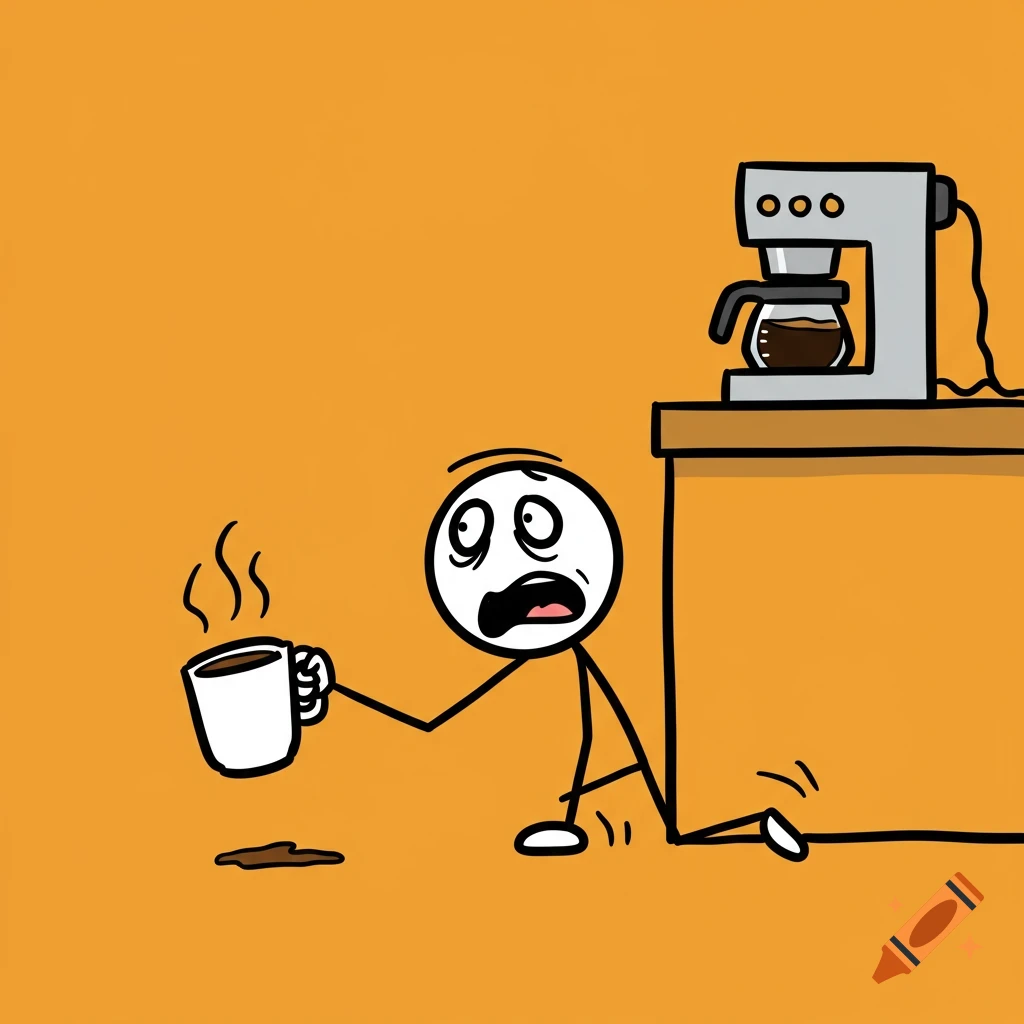 A distressed stick figure with spilled coffee crawls towards a coffee maker on a counter in a cartoon style.