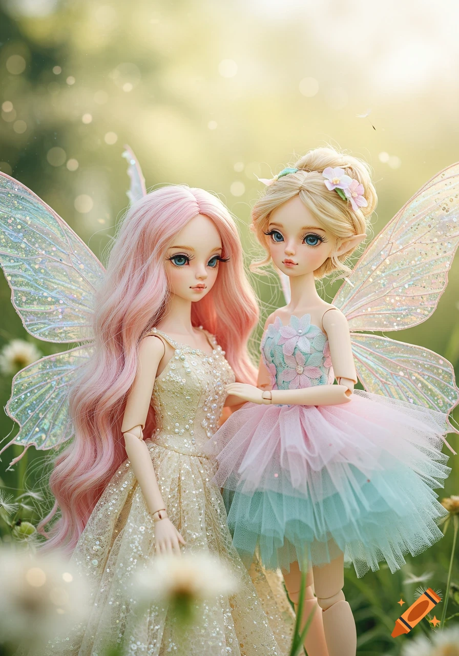 Two realistic ball-jointed doll fairies in a magical garden. One has pink hair and a sparkling cream dress, the other blonde hair and a pink-blue tutu.