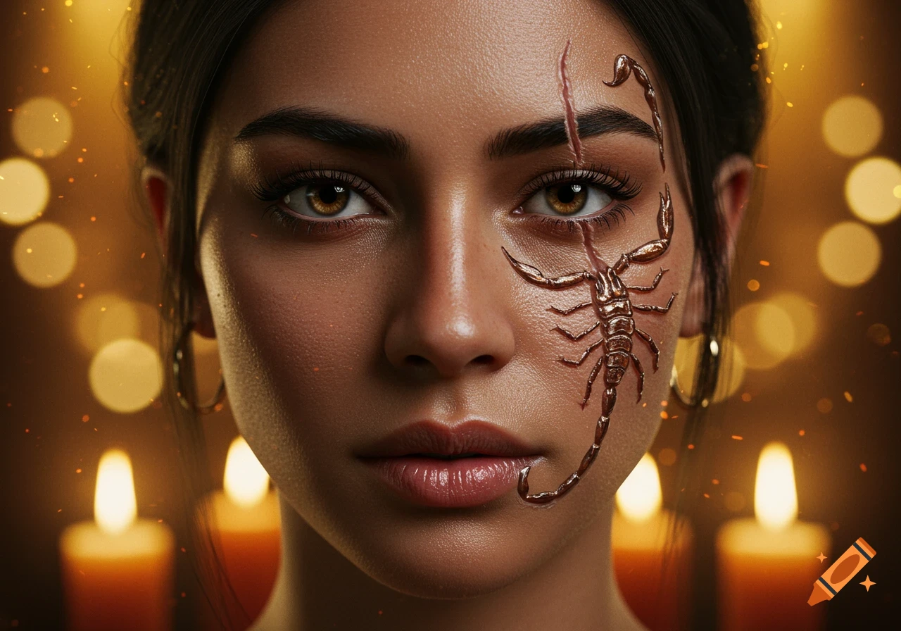 Close-up photorealistic portrait of a woman with a metallic scorpion-shaped scar on her face, against a blurry background with candles and bokeh lights.