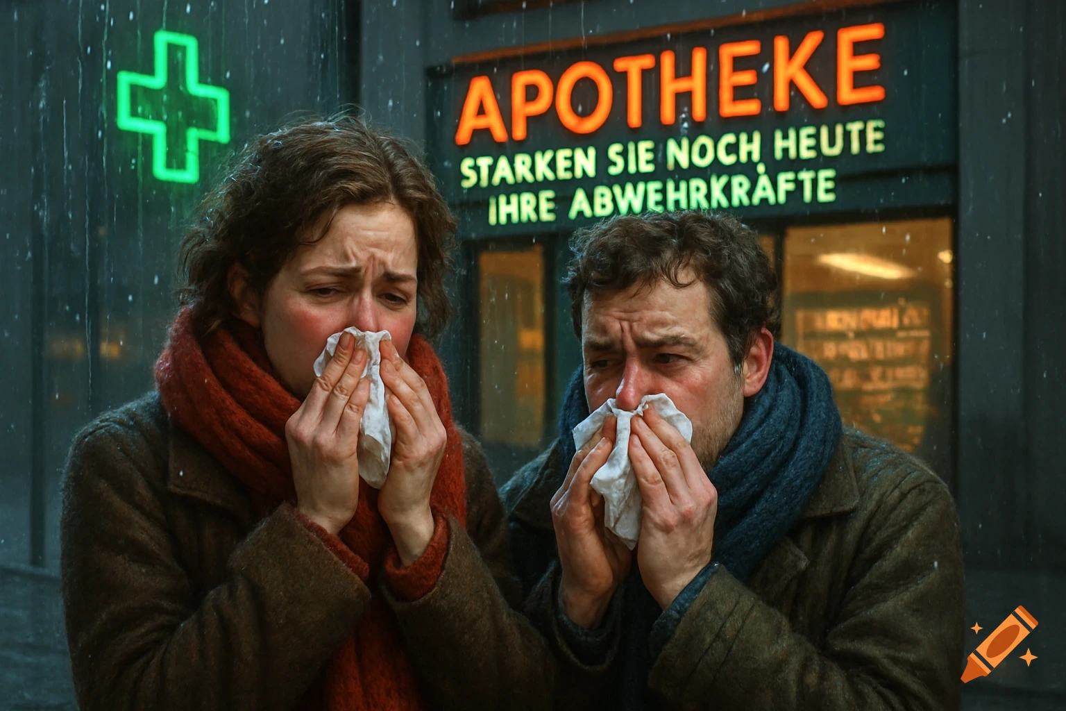 A photorealistic image of a man and woman with colds, blowing their noses into tissues in front of a neon-lit pharmacy on a rainy day.