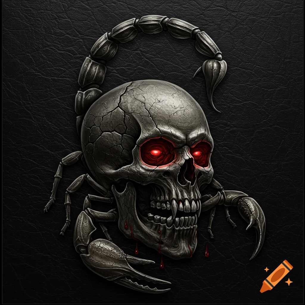 A hyper-detailed, dark illustration of a skull with glowing red eyes, fused with a scorpion body, against a black leather background.