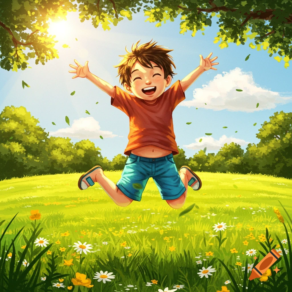 A happy cartoon boy jumps with arms outstretched in a sunny, grassy field with trees and flowers.