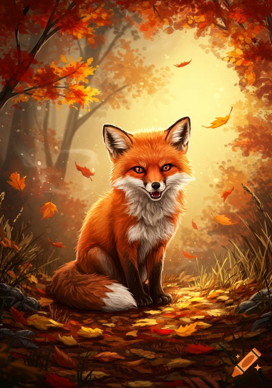 An illustrated red fox with orange eyes sits among fallen autumn leaves in a sunlit forest.