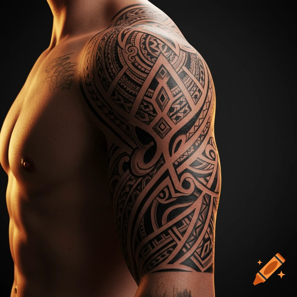 A close-up of a man's muscular arm and shoulder covered in a detailed black tribal tattoo, against a dark background.
