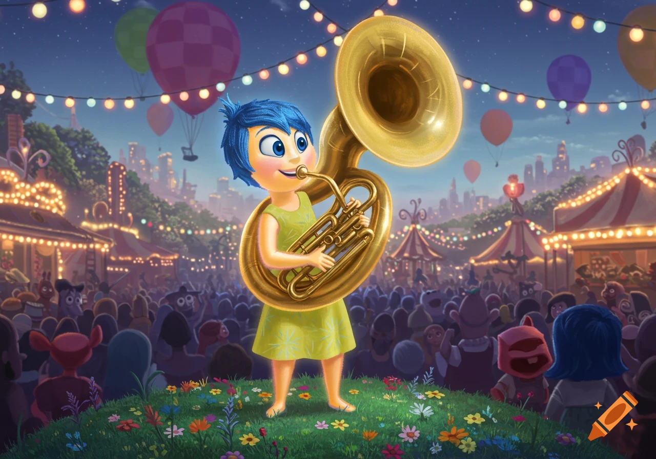 Joy from Inside Out plays a tuba at a vibrant nighttime carnival with colorful lights, balloons, and a happy crowd.