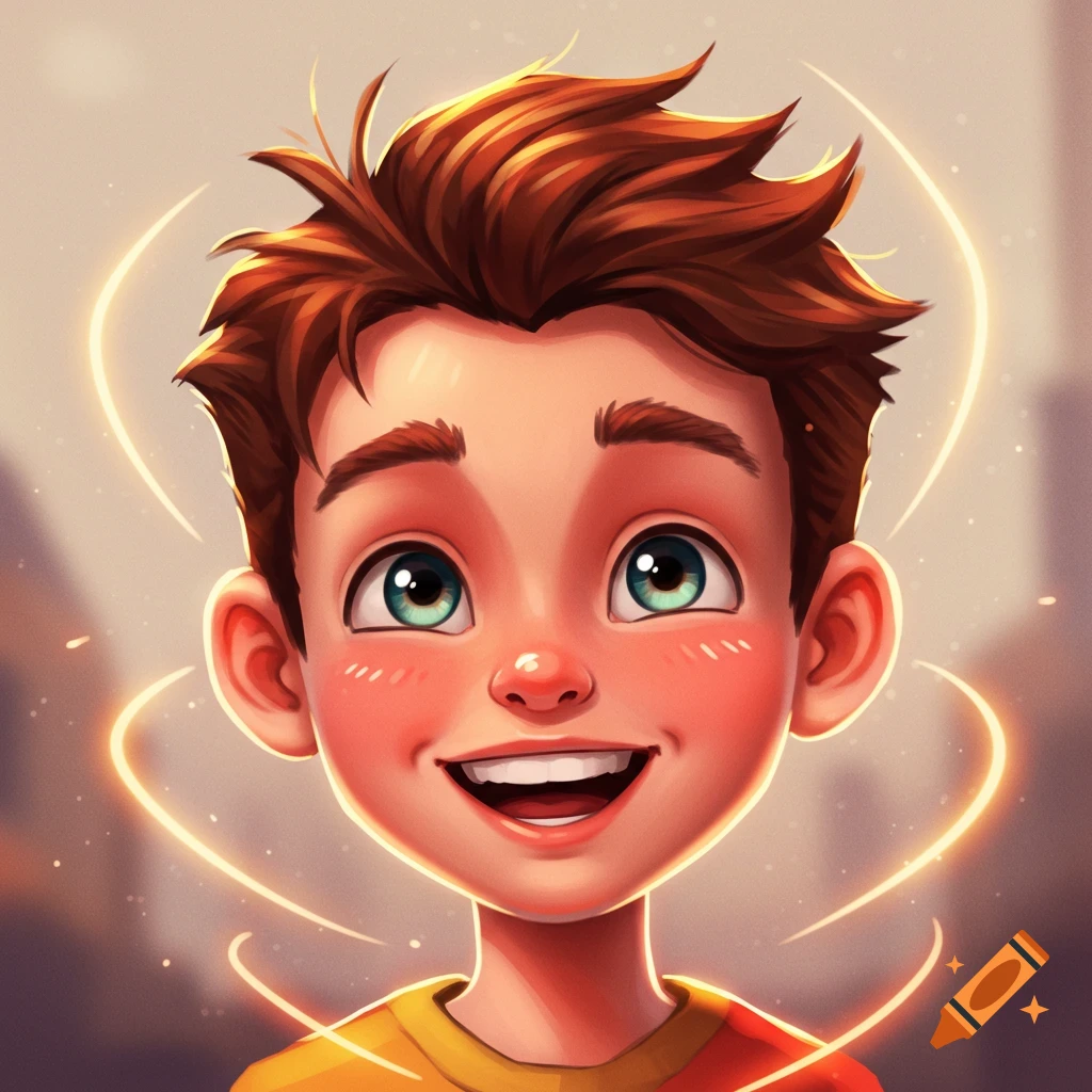 Close-up of a smiling animated young boy with brown hair, green eyes, and glowing light lines around his head.