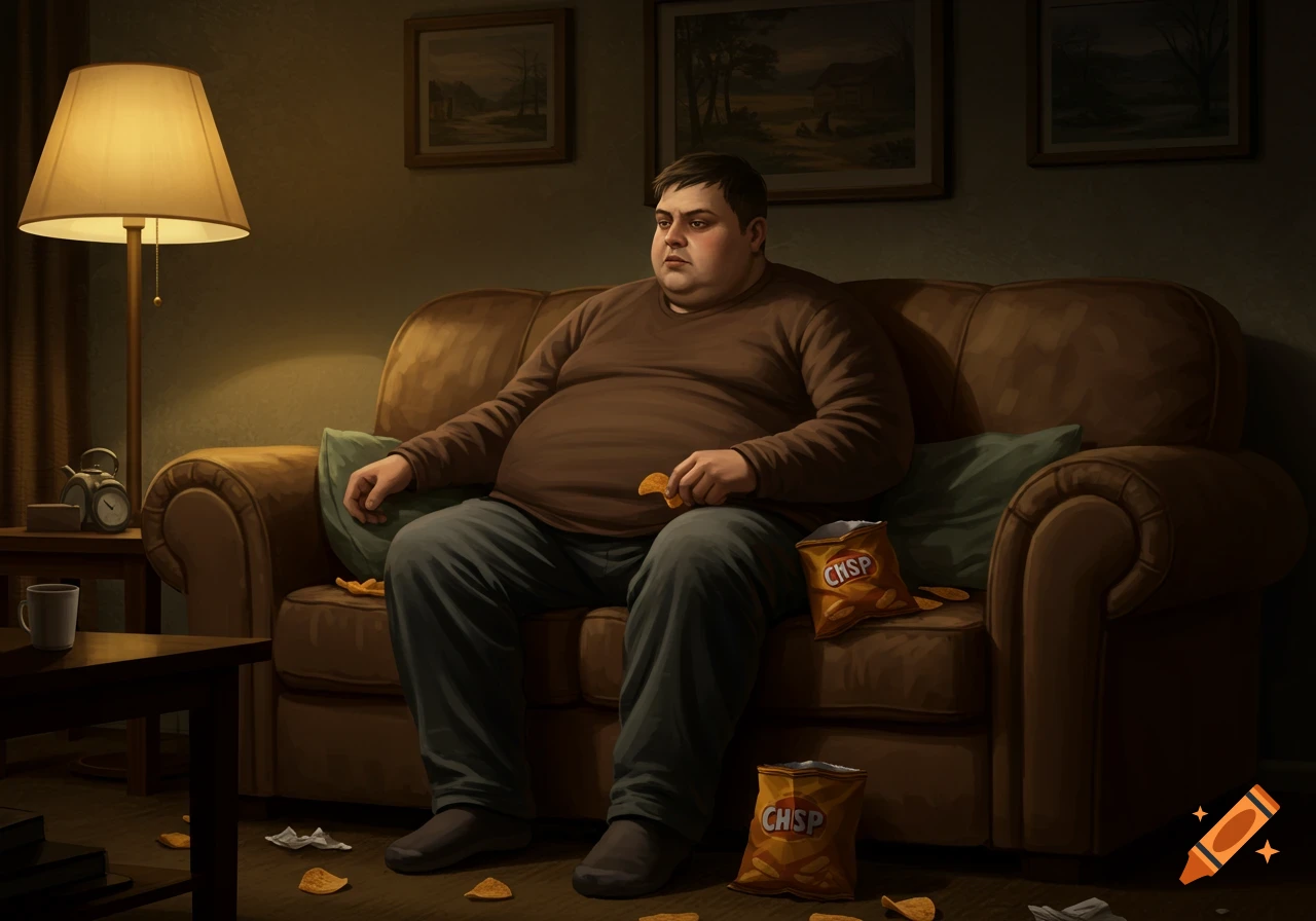 An obese man sits alone on a brown couch in a dimly lit living room, eating potato chips from a bag.