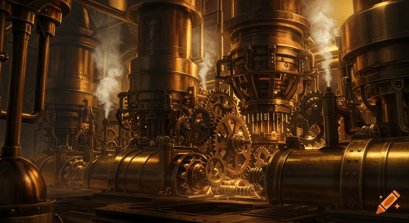 A detailed steampunk engine with intricate brass gears, pipes, and ...