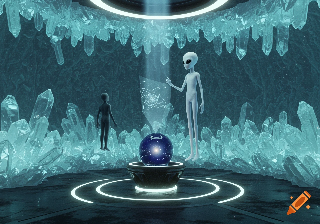 Two grey aliens in a glowing crystal cave, one gesturing at a holographic atom above a cosmic sphere.