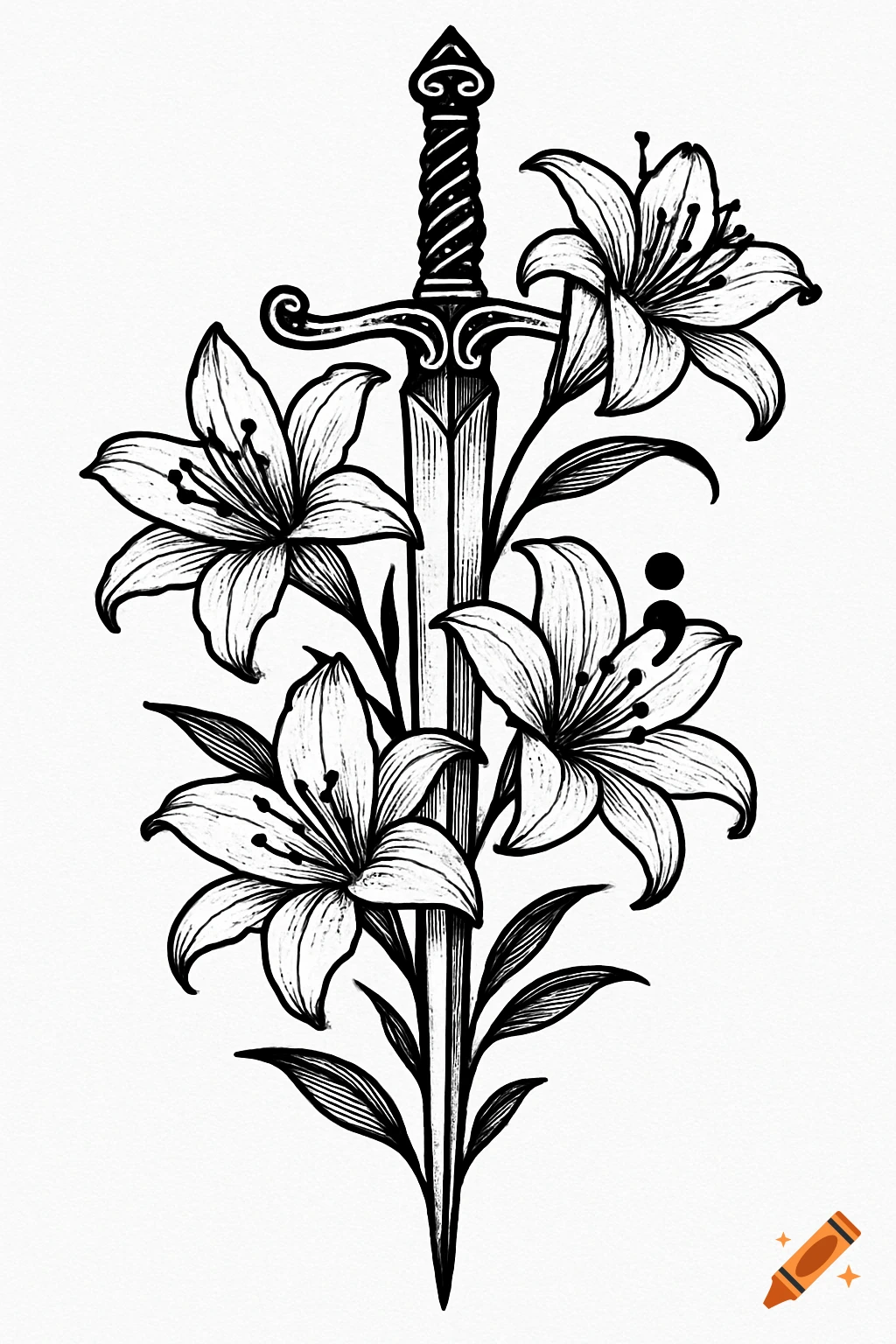 Black and white tattoo stencil illustration of a sword entwined with lilies and a semicolon symbol.
