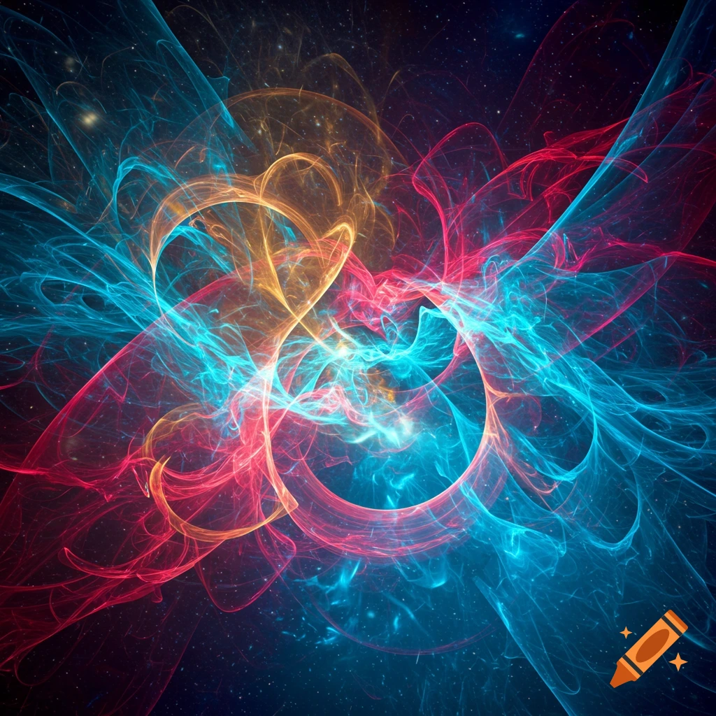 Vibrant red, blue, and gold glowing abstract energy patterns swirling against a dark, starry cosmic background.