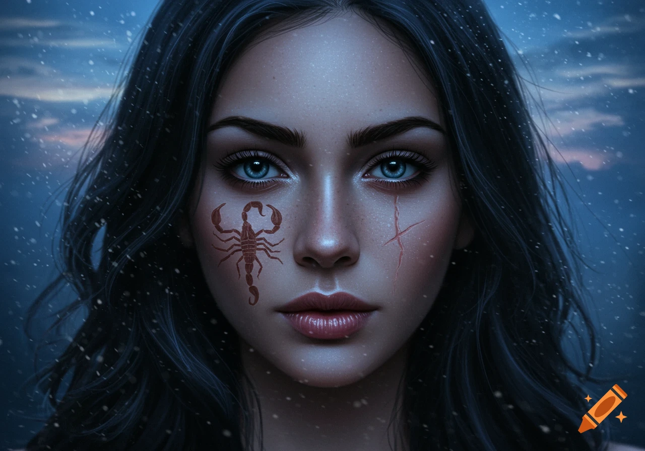 Close-up portrait of a woman with blue eyes, a scorpion symbol on her left cheek, and an X-shaped scar on her right cheek, with snow falling.