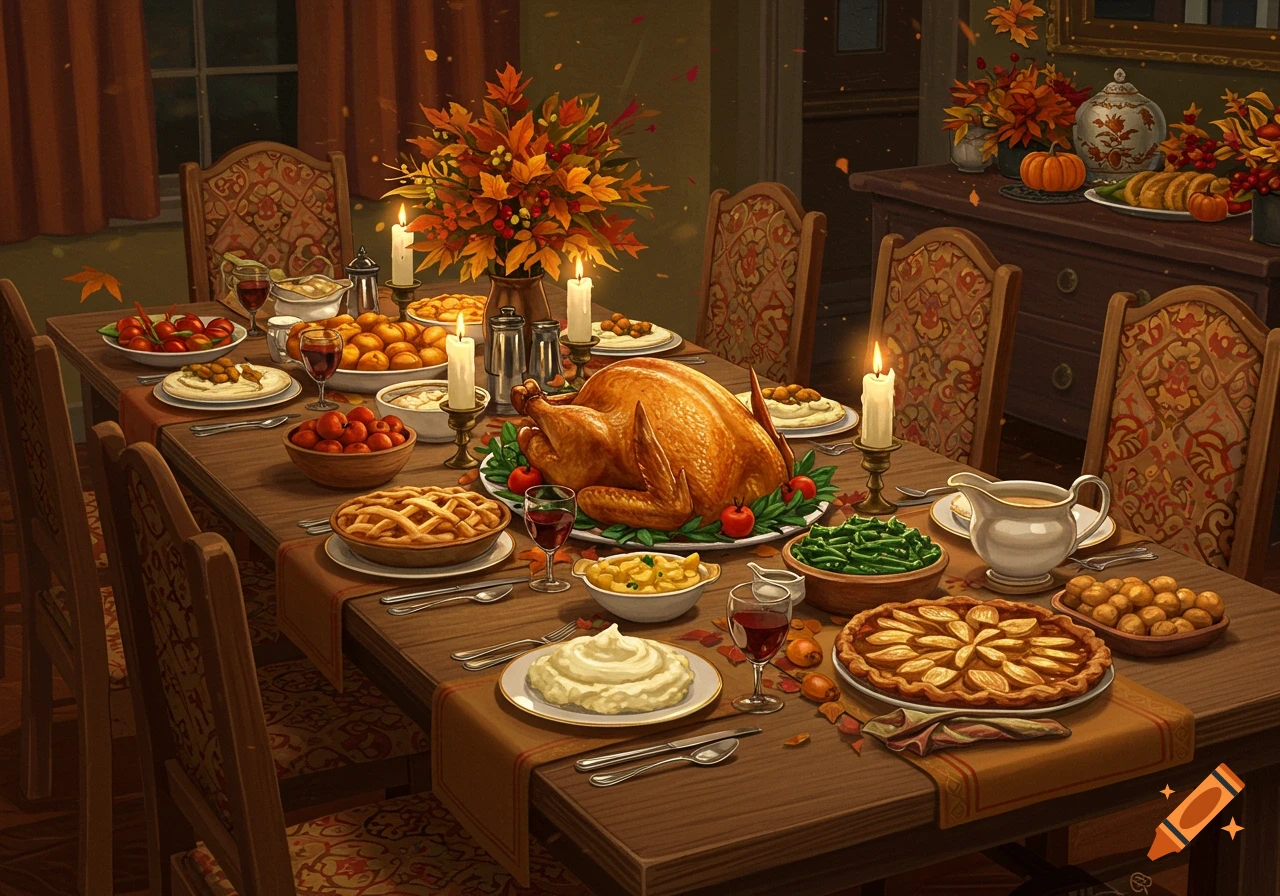 A lavish Thanksgiving dinner table laden with a roasted turkey, pumpkin pies, side dishes, candles, and autumn leaf decorations.
