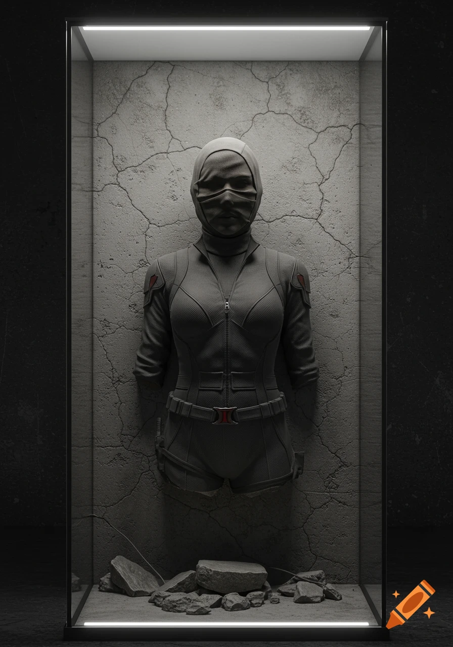 Photorealistic rendering of a gray concrete Black Widow statue in a glass display case with cracked concrete walls and debris.