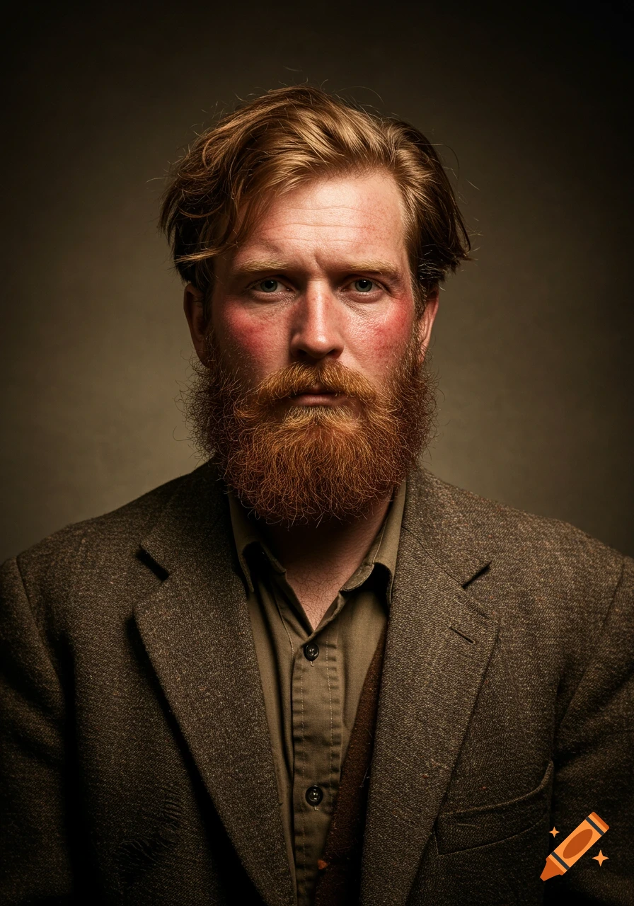 Close-up portrait of a red-haired man with a large beard and red cheeks ...