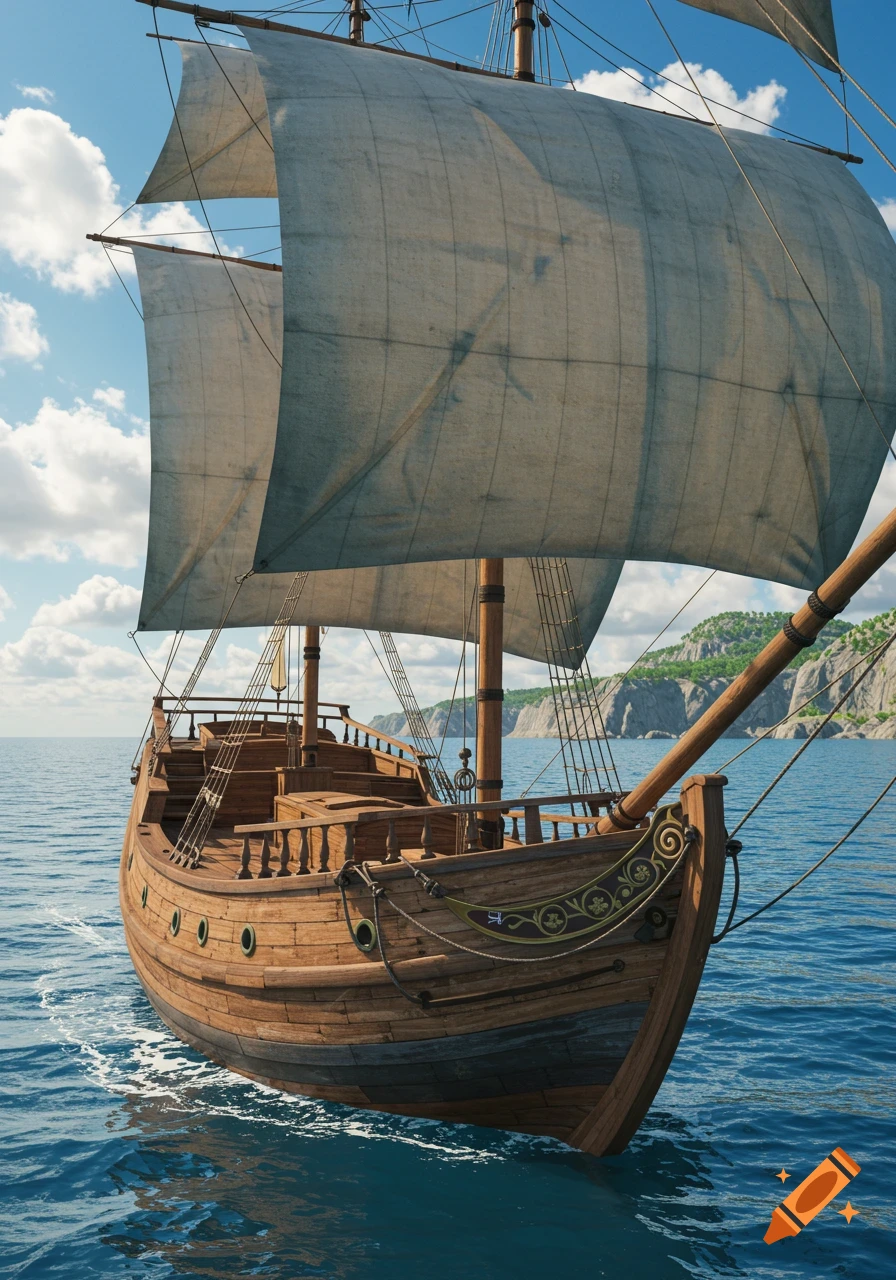 A detailed, old-style wooden sailing ship with sails unfurled glides across blue water near green cliffs under a cloudy sky.