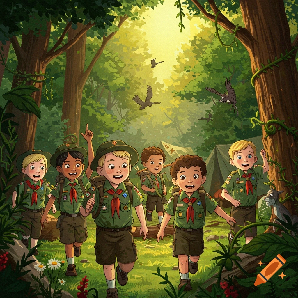 Illustration of several young boy scouts hiking through a vibrant green forest, with a tent in the background and birds flying overhead.